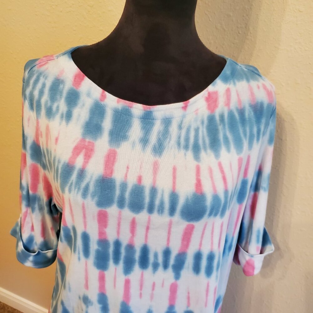 NWT Karen Scott Women's Tie Dye Elbow Sleeve Round Neck T-shirt, Size L